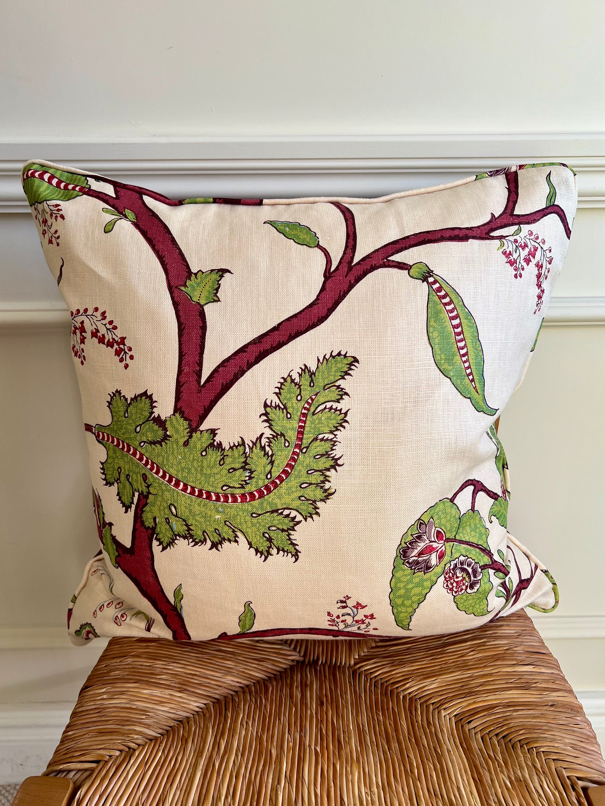 Luxury cushions in Soane Britain Tendril Vine fabric (Apple & Plum colourway)