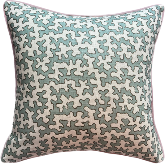 Colefax & Fowler Aqua Squiggle Blush Piped Cushion