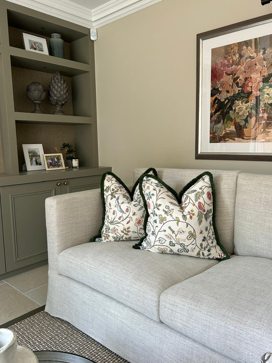 Luxury patterned cushions with fringe in Lewis & Wood Windrush designer fabric