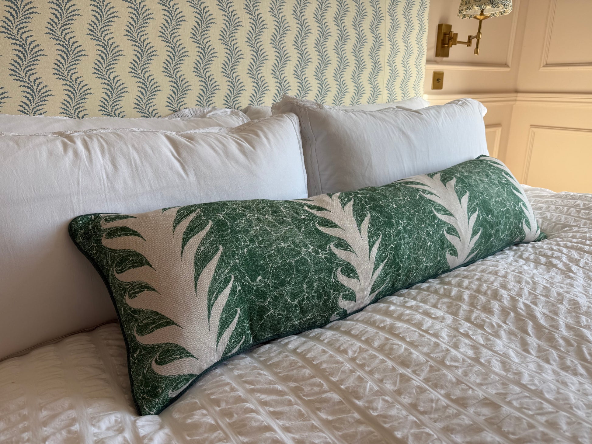 Luxury designer cushion in Beata Heuman Palm Drop patterned fabric