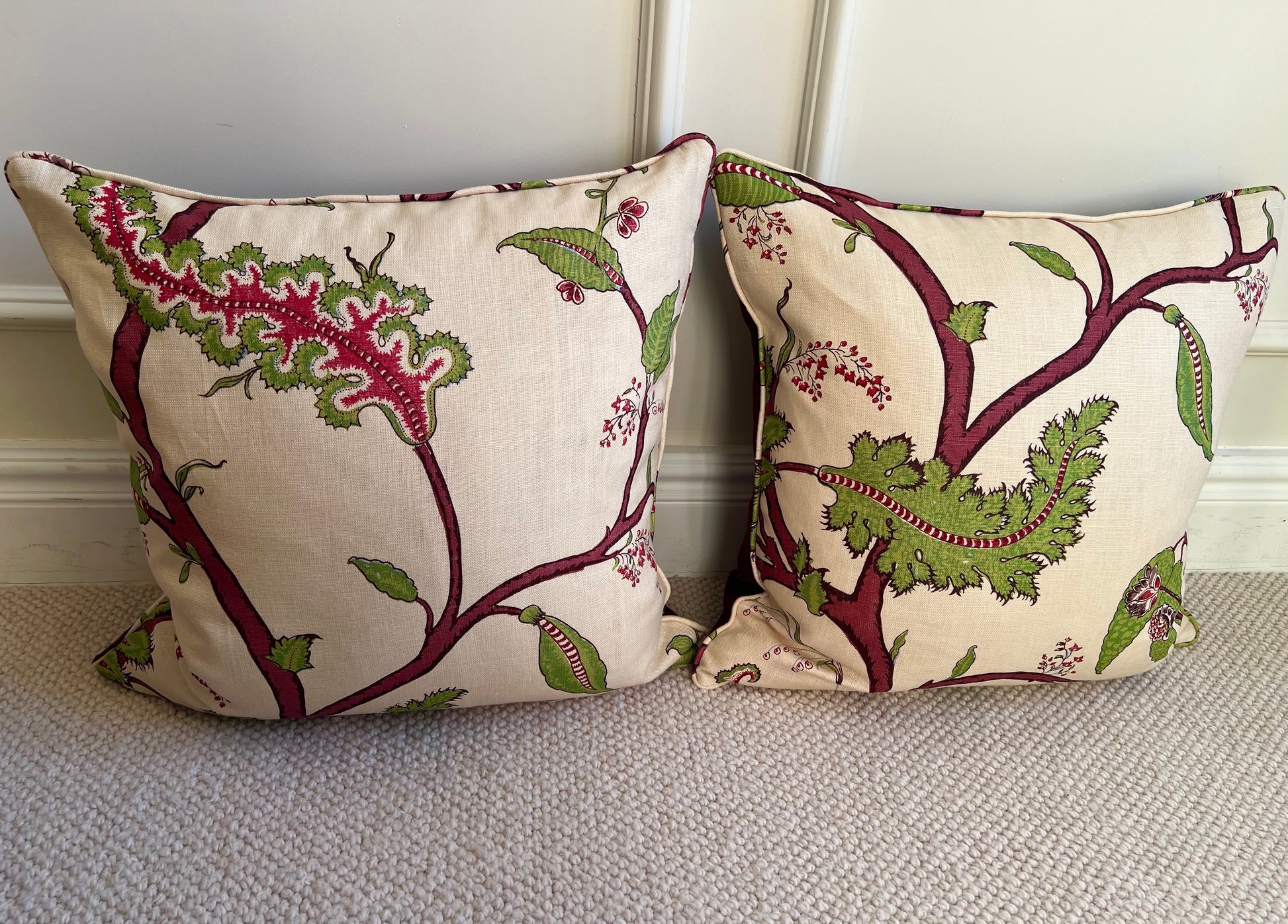 Luxury cushions in Soane Britain Tendril Vine fabric (Apple & Plum colourway)