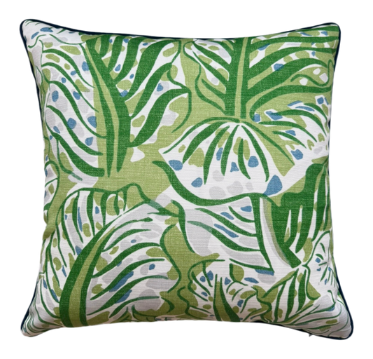 INDOOR/OUTDOOR Blue Piped Christopher Farr Millie Feuilles Cushion