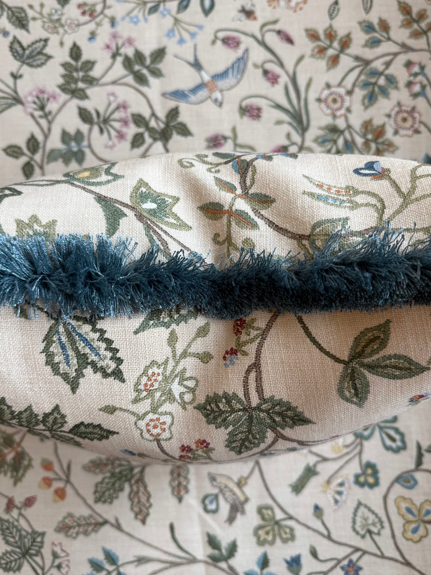 Luxury designer fringed cushion in Lewis & Wood Windrush Classic patterned fabric