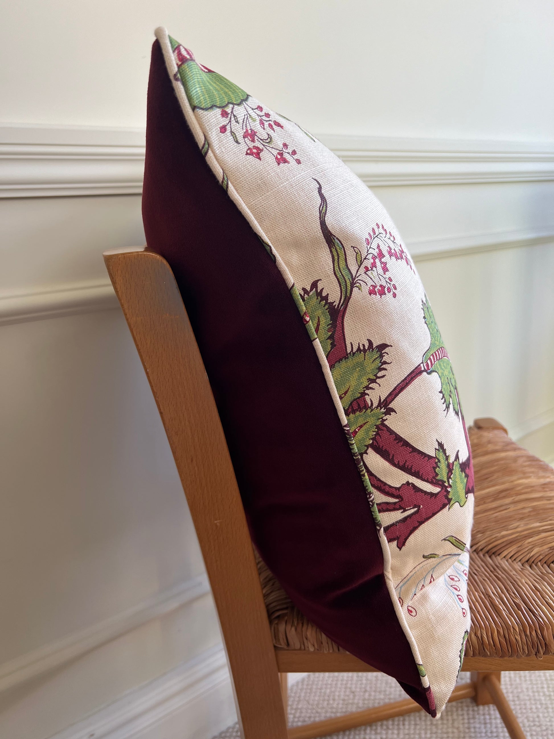 Luxury cushions in Soane Britain Tendril Vine fabric (Apple & Plum colourway)