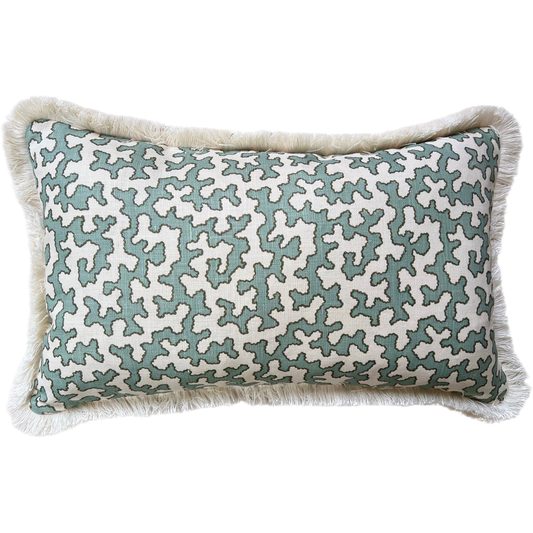 Colefax & Fowler Aqua Squiggle Fringed Lumber Cushion