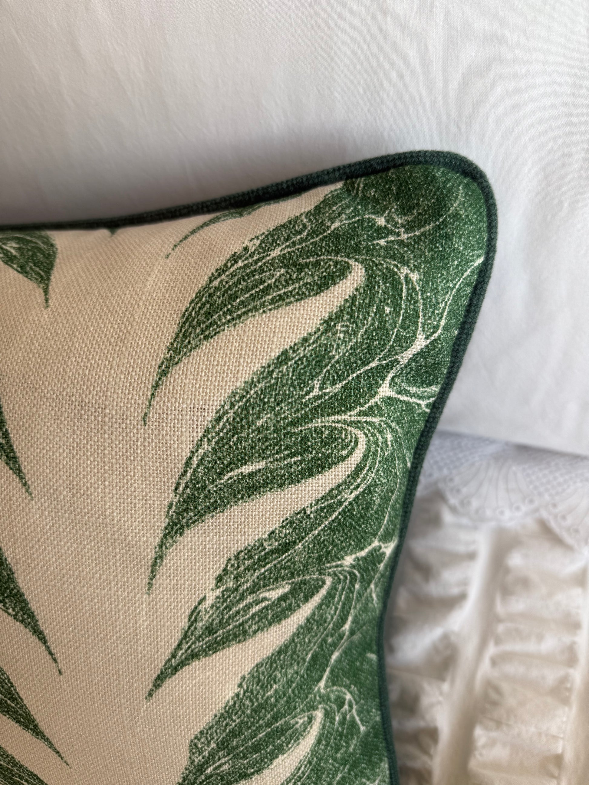 Luxury designer cushion in Beata Heuman Palm Drop patterned fabric