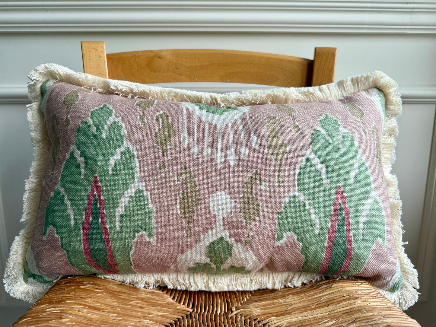 GP & J Baker Ikat Bokhara Rose Green Lumber Cushion