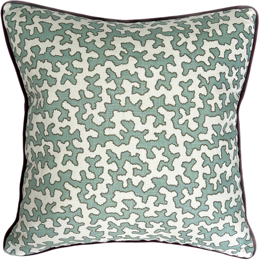 Colefax & Fowler Aqua Squiggle Burgundy Piped Cushion