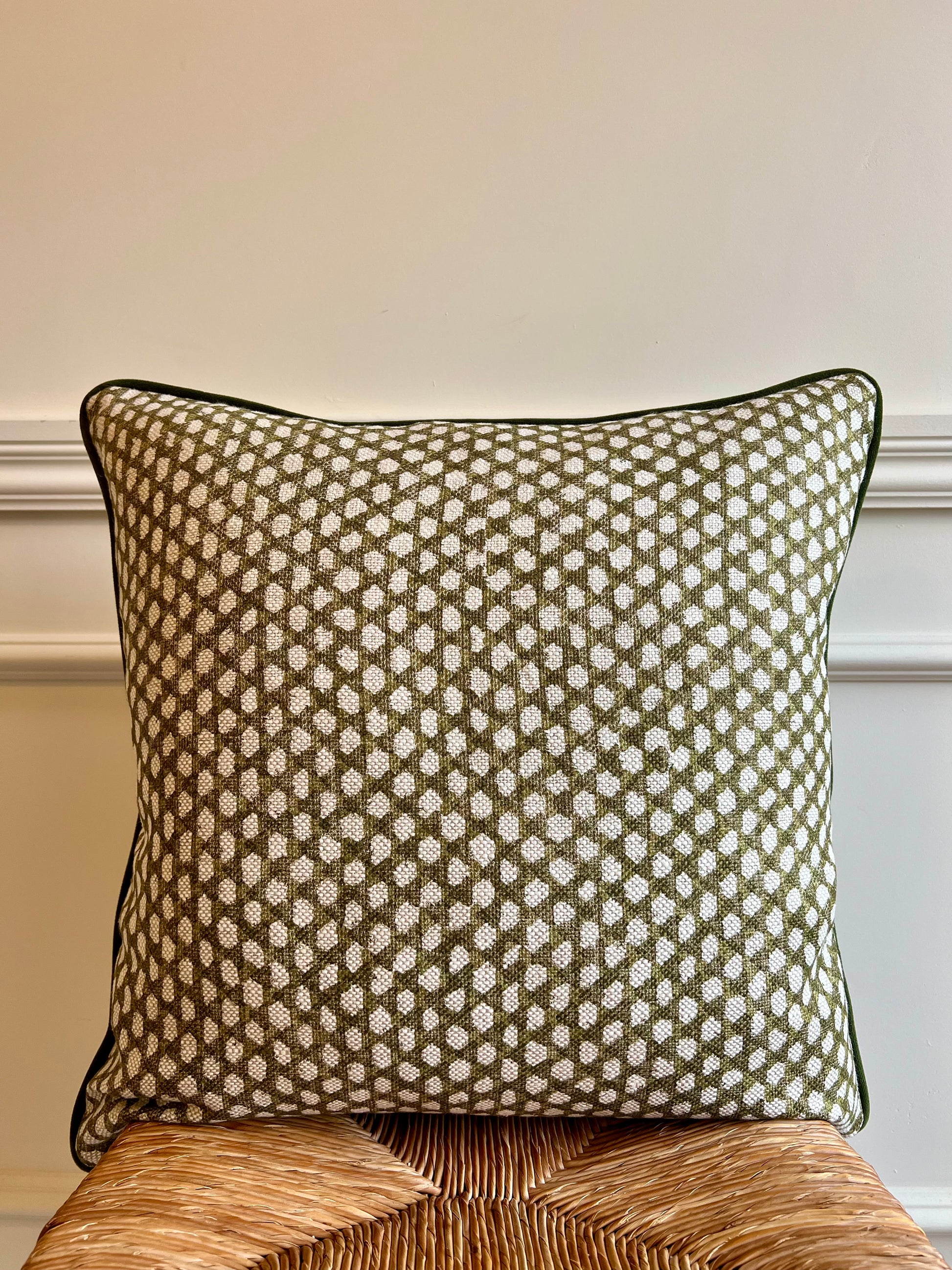 Luxury patterned cushions in Fermoie Wicker designer fabric N-114 green