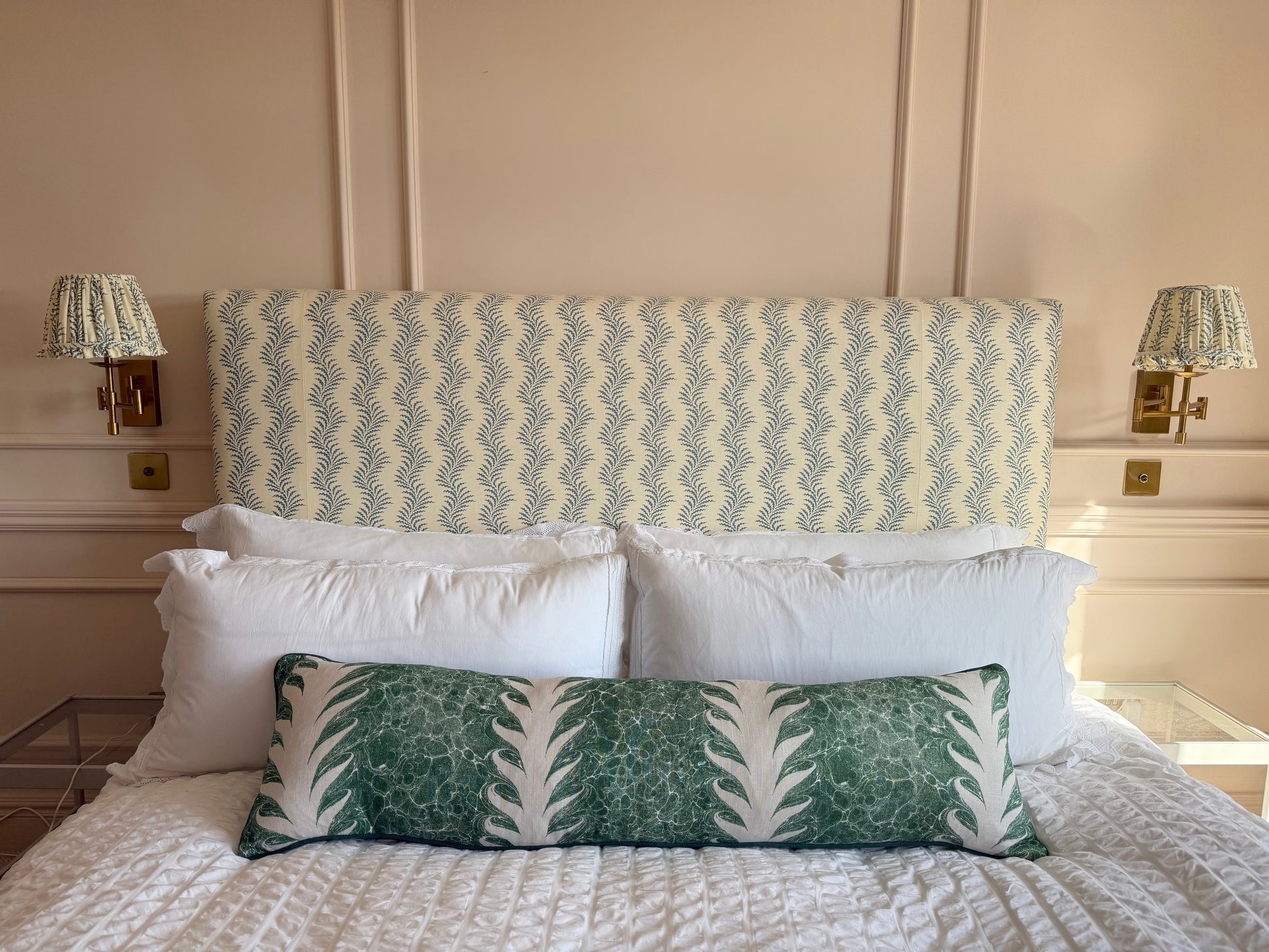 Luxury designer cushion in Beata Heuman Palm Drop patterned fabric