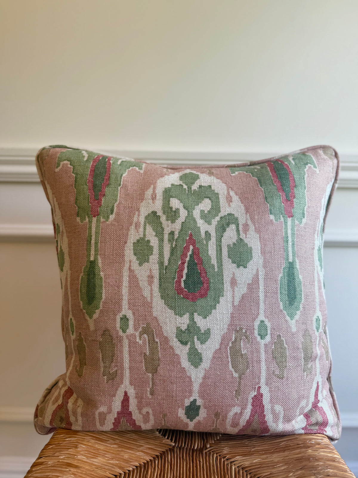 GP & J Baker Ikat Bokhara Rose Green Cushion