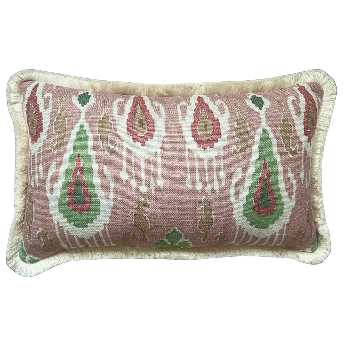 GP & J Baker Ikat Bokhara Rose Green Lumber Cushion