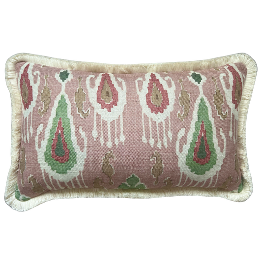 GP & J Baker Ikat Bokhara Rose Green Lumber Cushion