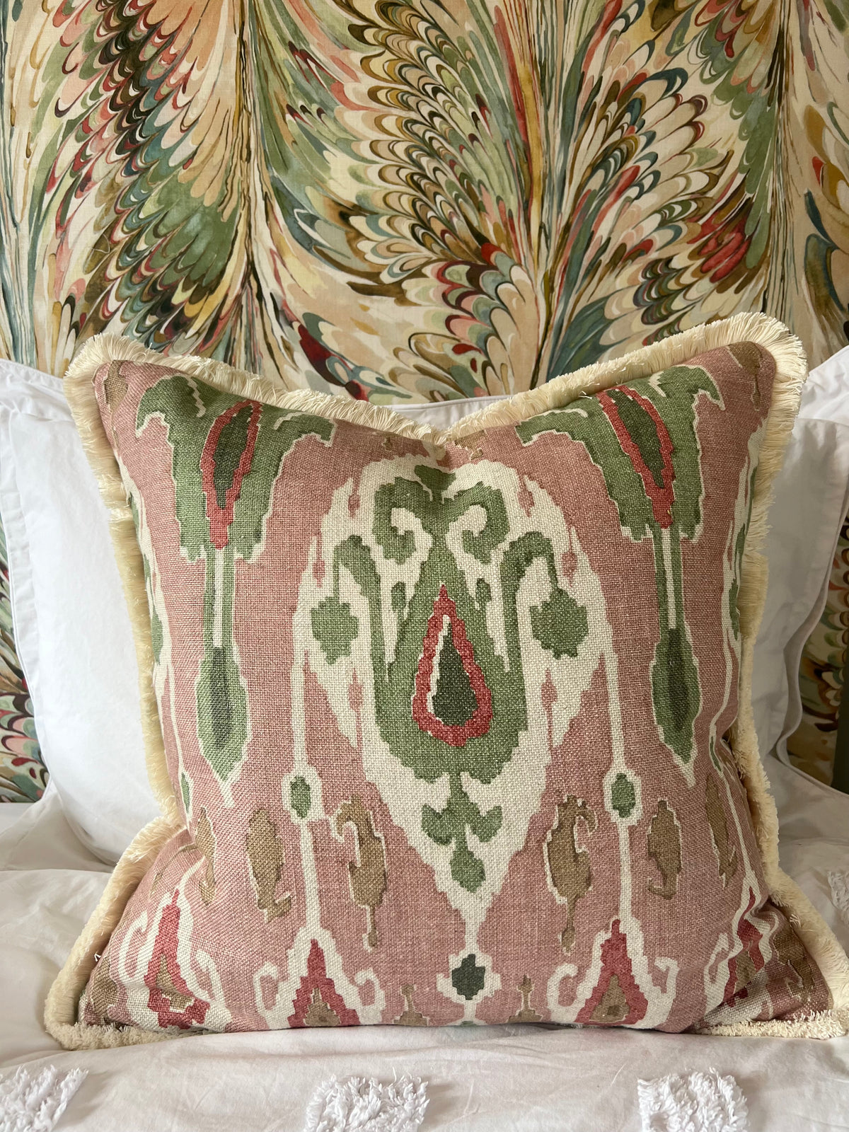 GP & J Baker Ikat Bokhara Rose Green Cushion