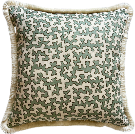 Sibyl Colefax Aqua Squiggle Fringed Cushion