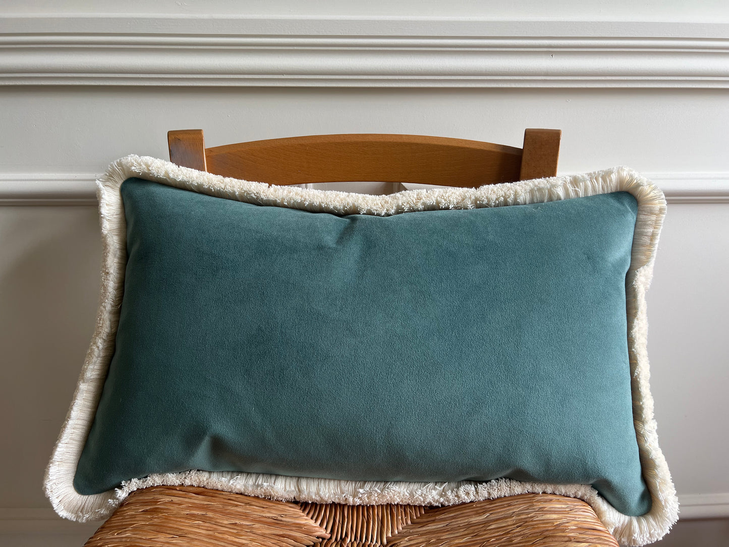 Colefax & Fowler Aqua Squiggle Fringed Lumber Cushion