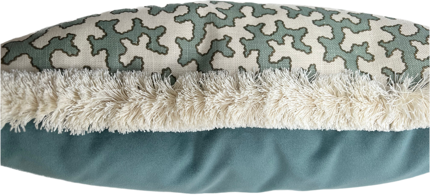Colefax & Fowler Aqua Squiggle Fringed Lumber Cushion