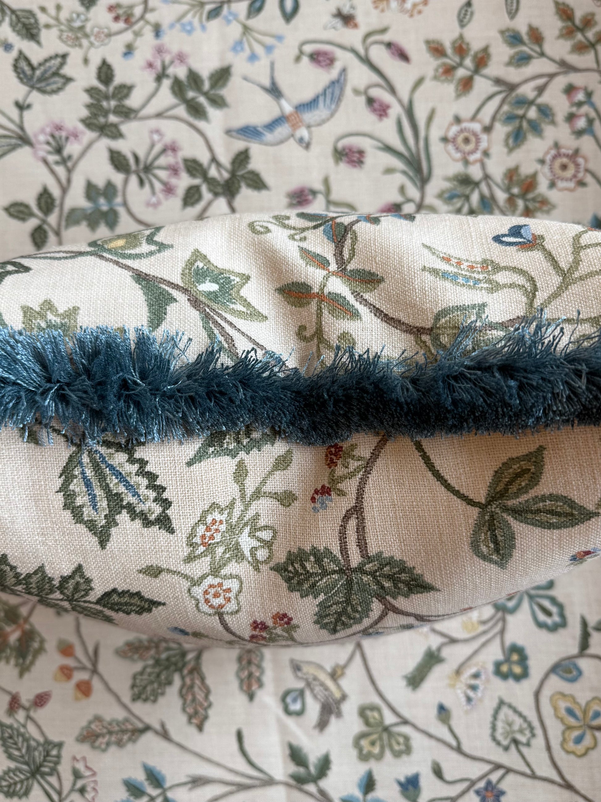 Luxury designer fringed cushion in Lewis & Wood Windrush Classic patterned fabric 