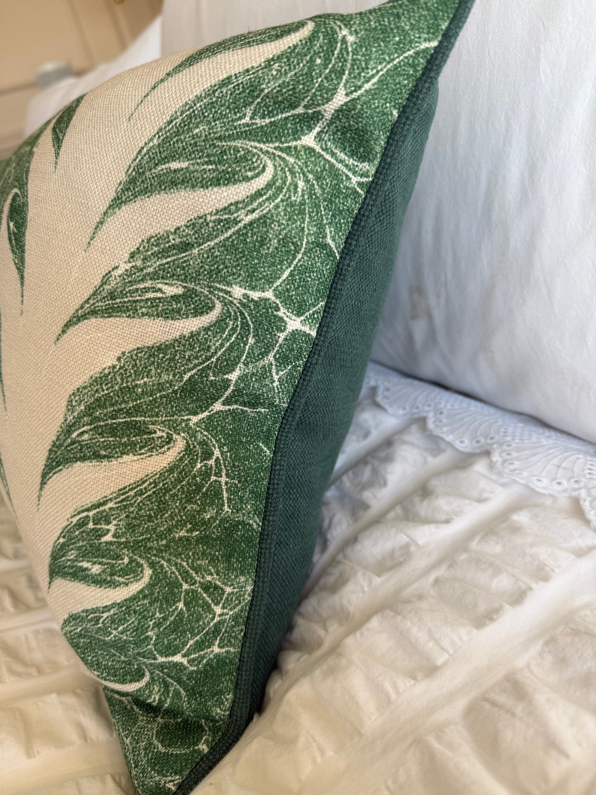 Luxury designer cushion in Beata Heuman Palm Drop patterned fabric 