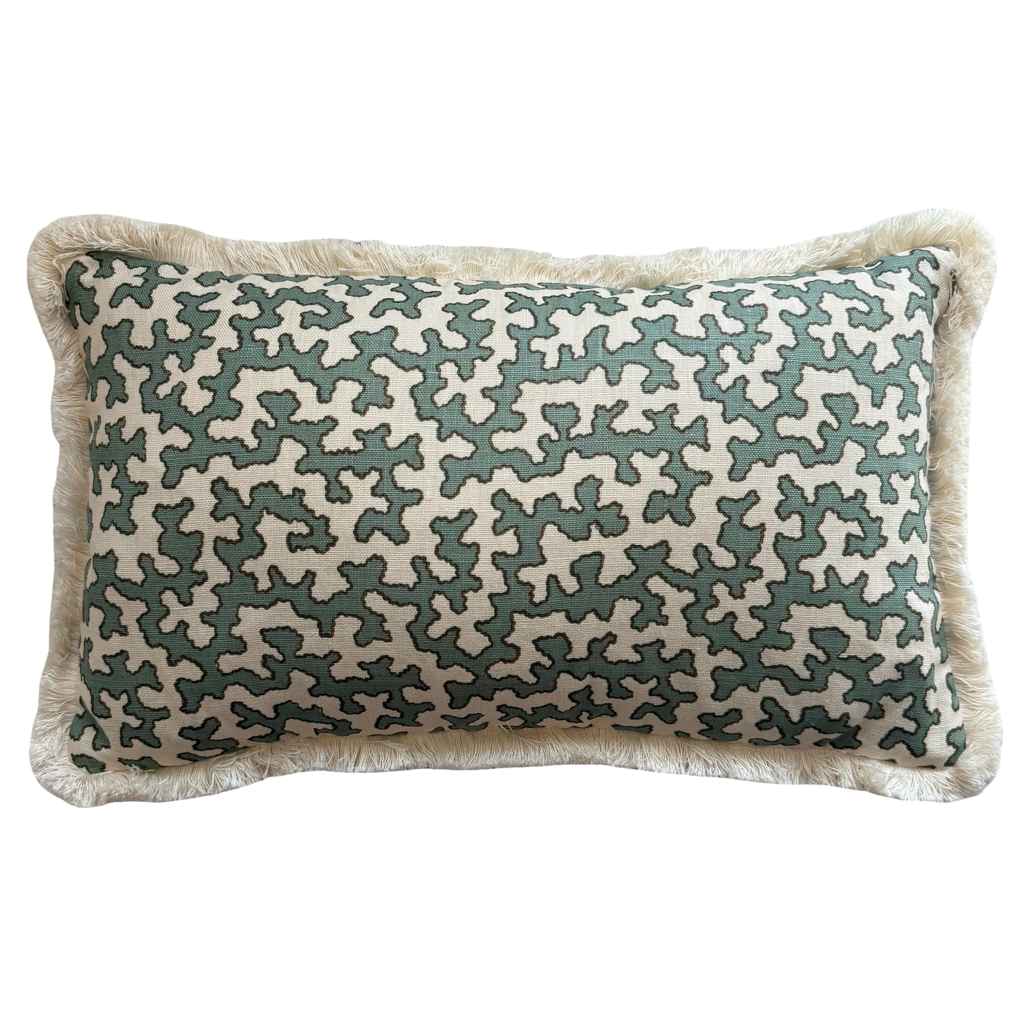 Sibyl Colefax Aqua Squiggle Fringed Lumber Cushion