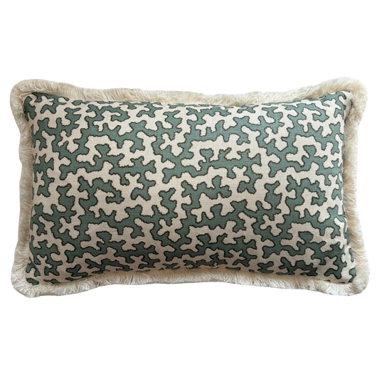 Sibyl Colefax Aqua Squiggle Fringed Lumber Cushion