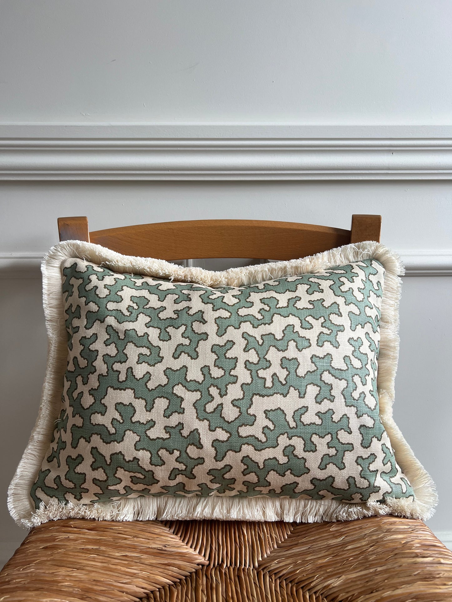 Colefax & Fowler Aqua Squiggle Fringed Lumber Cushion
