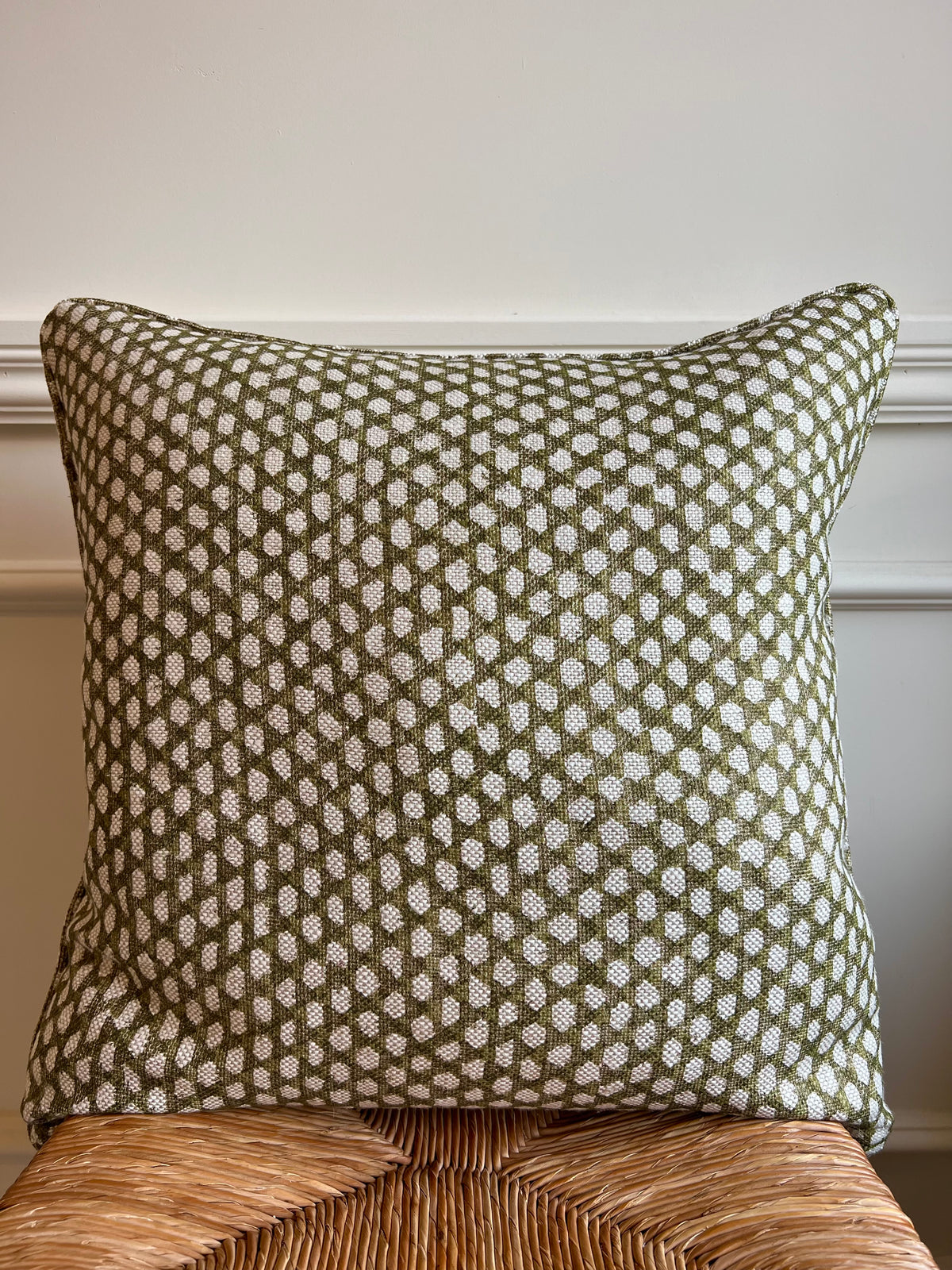 Luxury patterned cushions in Fermoie Wicker designer fabric N-114 green