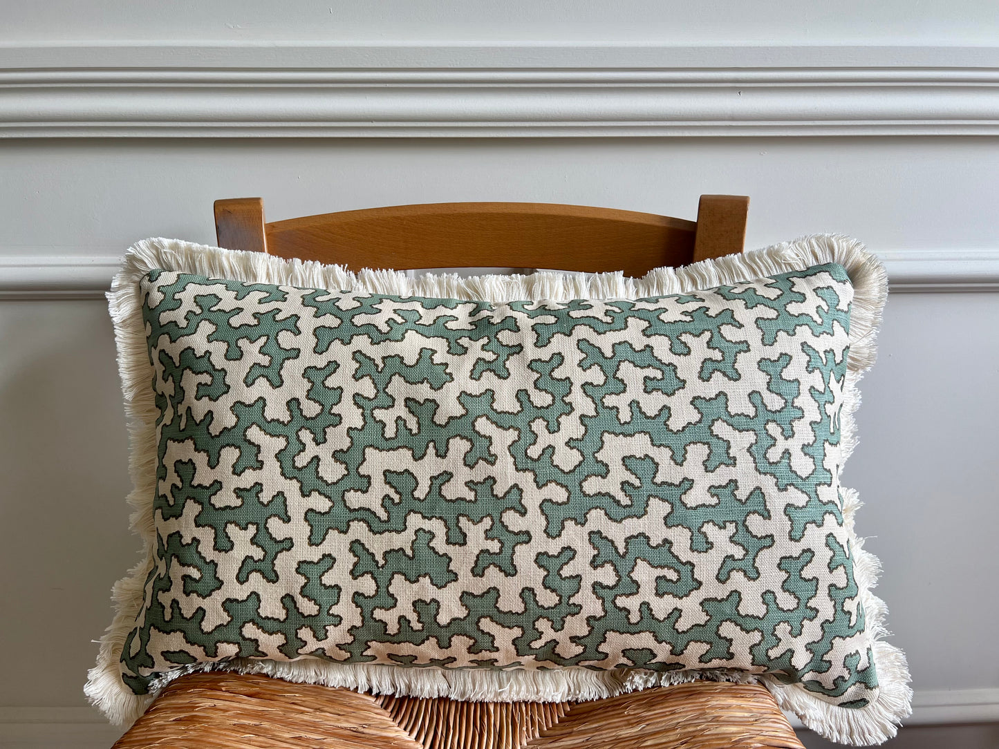 Colefax & Fowler Aqua Squiggle Fringed Lumber Cushion