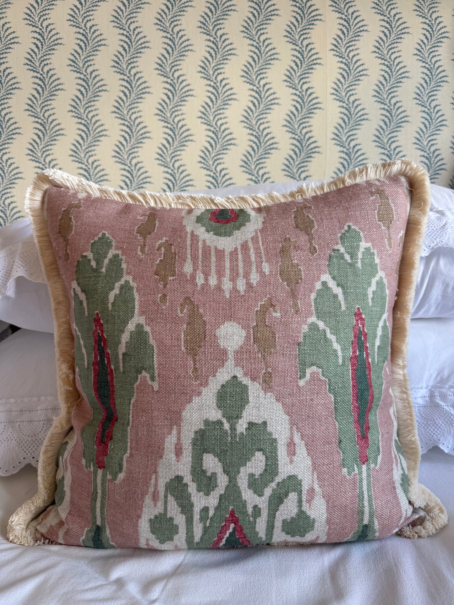 GP & J Baker Ikat Bokhara Rose Green Cushion