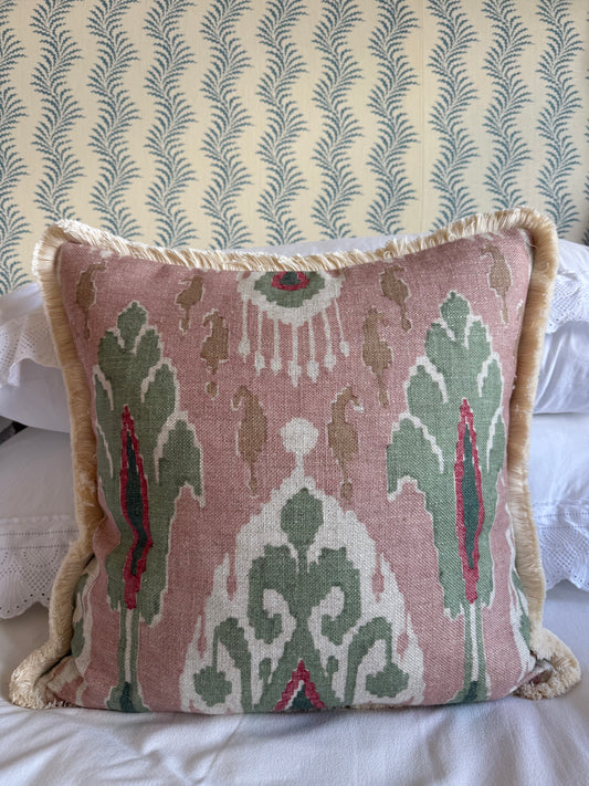 GP & J Baker Ikat Bokhara Rose Green Cushion