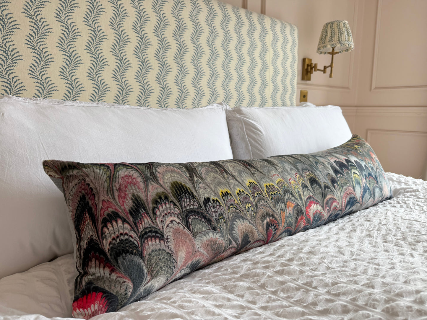 Luxury designer cushion in Beata Heuman Marbleized Velvet patterned fabric 