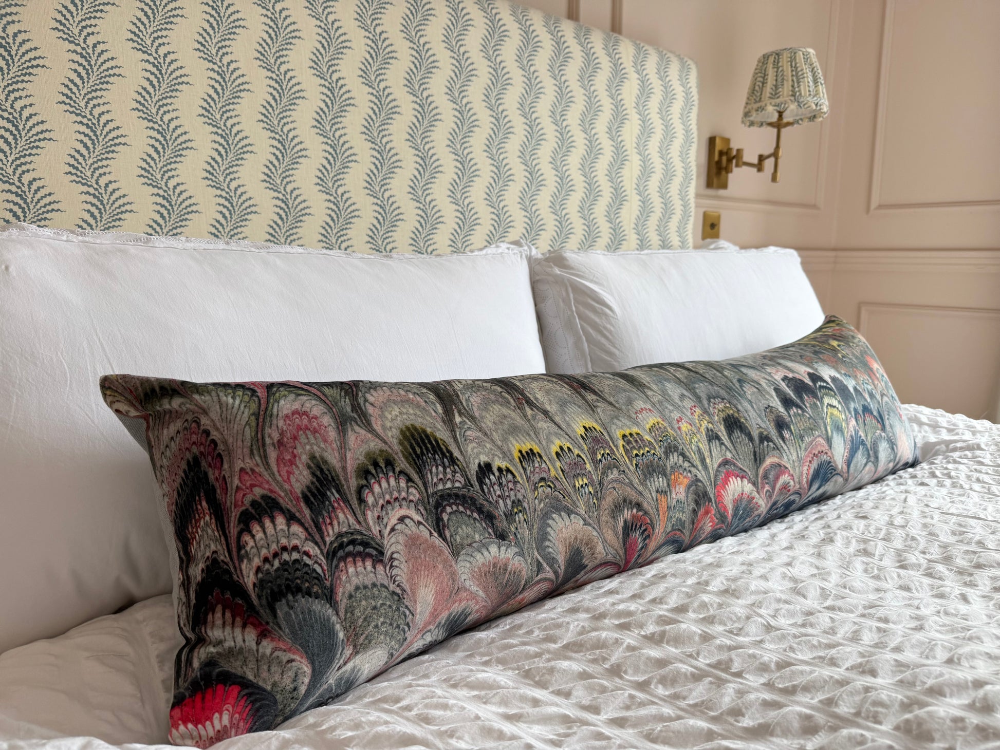 Luxury designer cushion in Beata Heuman Marbleized Velvet patterned fabric 