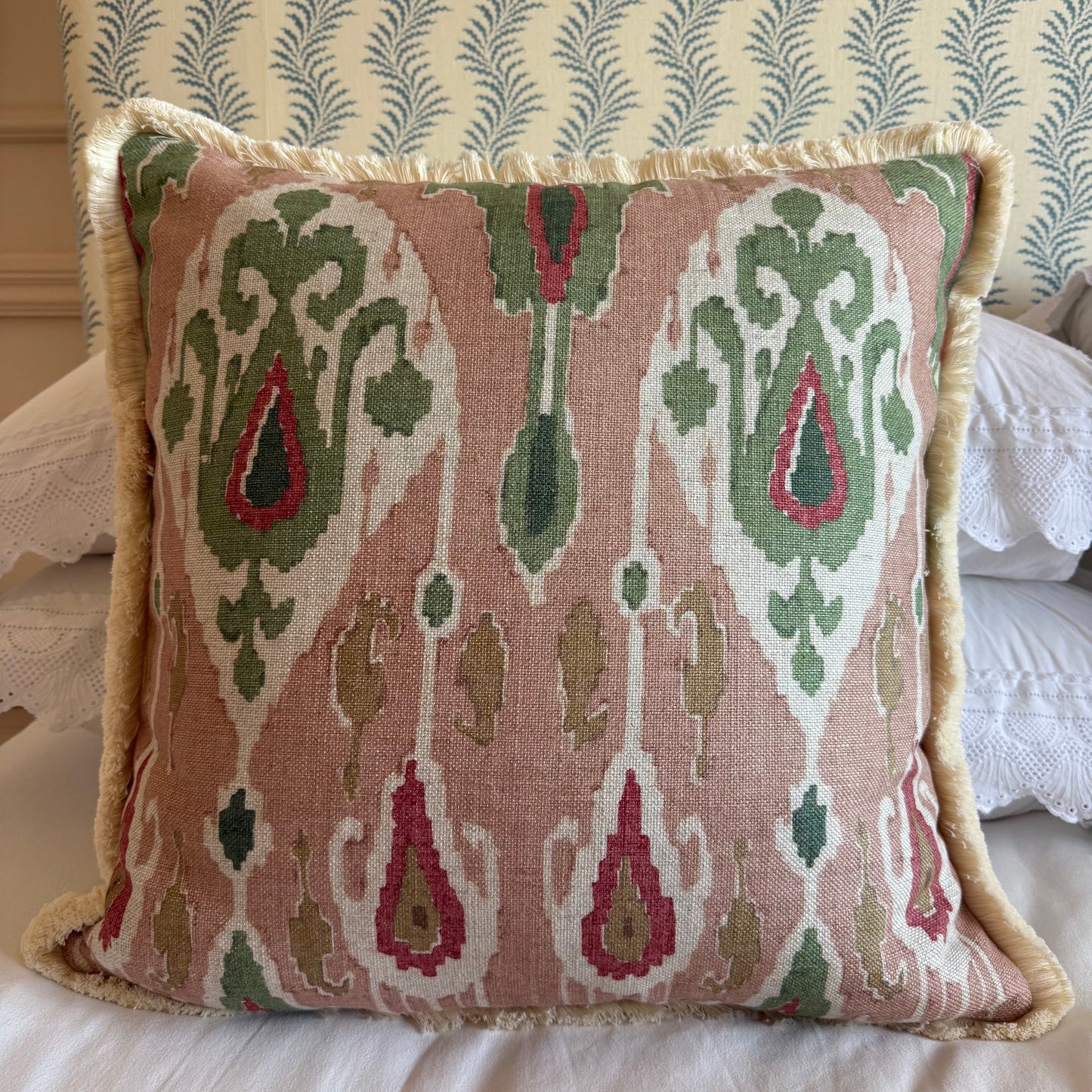 GP & J Baker Ikat Bokhara Rose Green Cushion