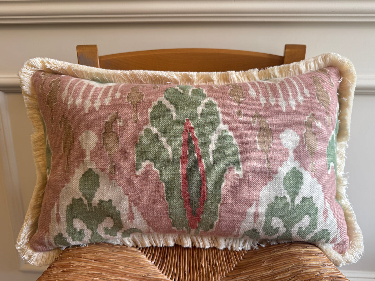 GP & J Baker Ikat Bokhara Rose Green Lumber Cushion