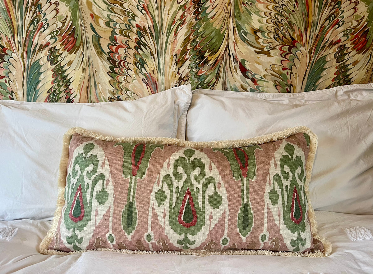 GP & J Baker Ikat Bokhara Rose Green Cushion